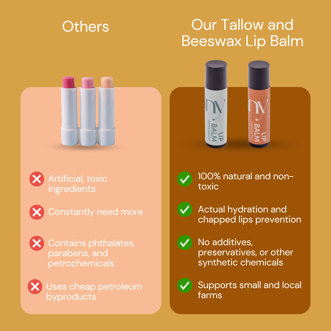 Comparison of lip balm products with natural and non-toxic ingredients on a yellow background.